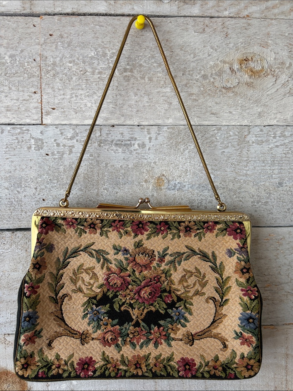 Vintage Floral Tapestry Frame Handbag in Beige and Gold